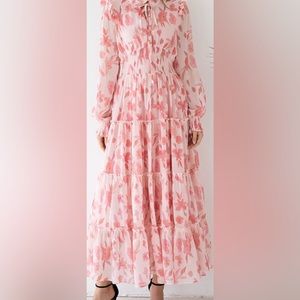 CHICWISH PINK FLORAL TIE NECK MAXI DRESS- brand new with tags